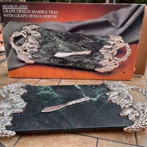 GODINGER Silver plated grape design green marble tray with server in a box